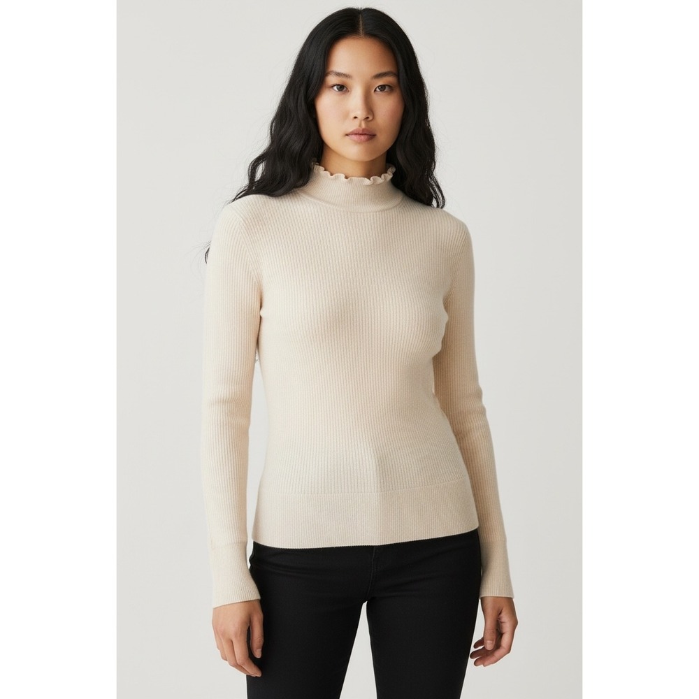 NWT J.Crew Ruffle Mock neck Ribbed Merino Wool Blend Sweater Cream XXS FA22